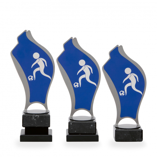Trofej s fotbalovým motivem, kov, výška 22 cm, modrá/stříbrná